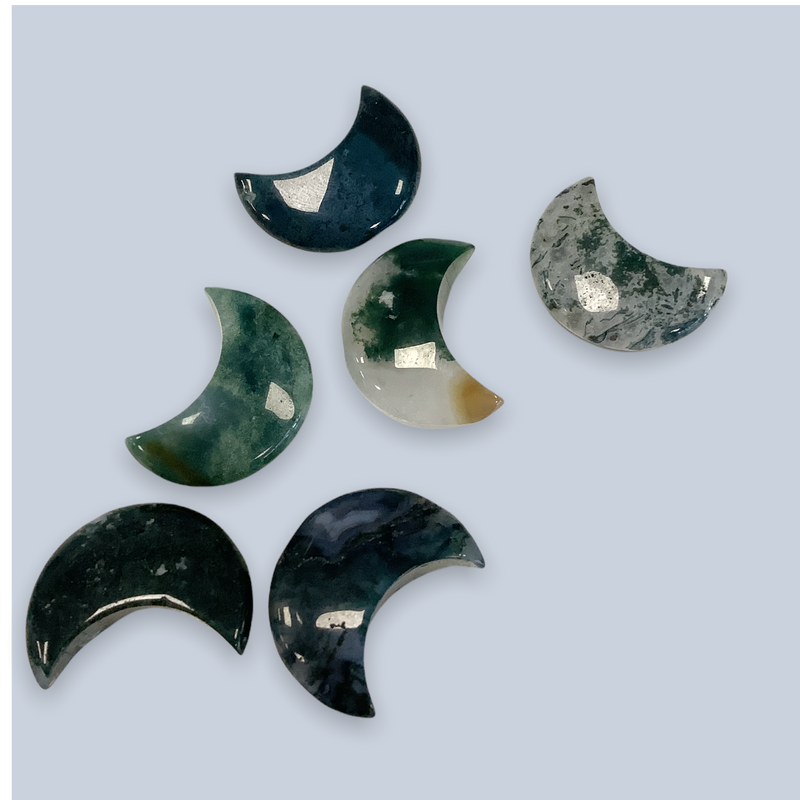 Moss Agate Moon. Metaphysical and spiritual crystal gem stones rooted in Melbourne, Florida – Each product carries the natural essence of Brevard County’s sun, sea, sand, and soil. Essential Elements Wellness 
