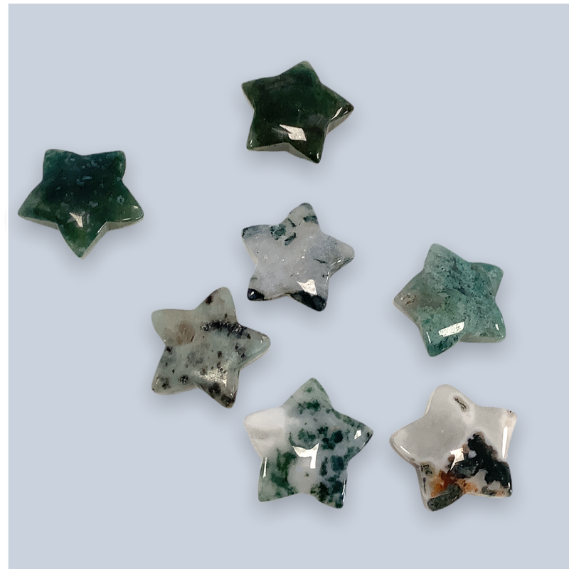 Moss Agate Star. Metaphysical and spiritual crystal gem stones rooted in Melbourne, Florida – Each product carries the natural essence of Brevard County’s sun, sea, sand, and soil. Essential Elements Wellness 