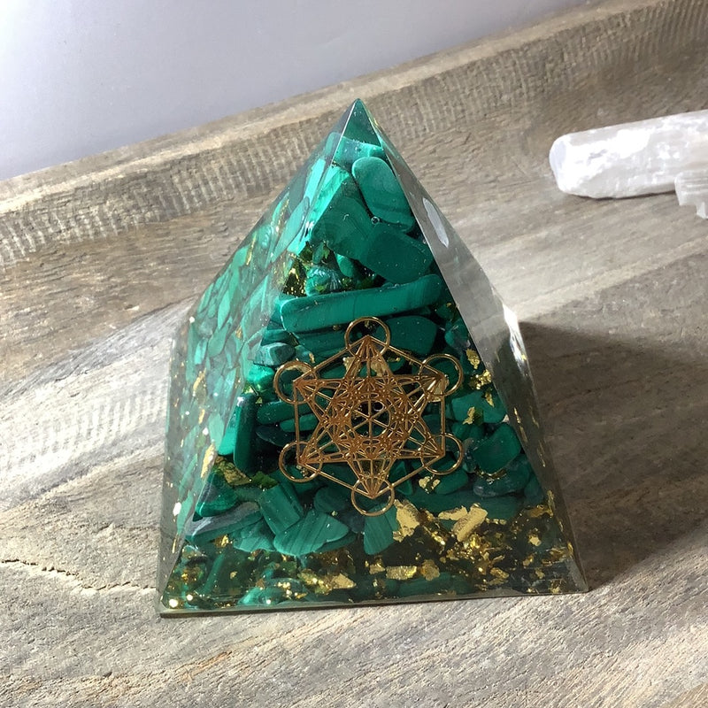 Malachite Orgonite Etched Pyramid
